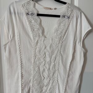 Soft Surroundings Breelyn Top Lace Ribbed Knit Top L White Cap Sleeve